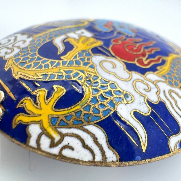 Cloisonne Vtg Enamel Dragon Blue Bead Clouds Fire 2" Diameter Gold-Tone Trim - Picture 5 of 7